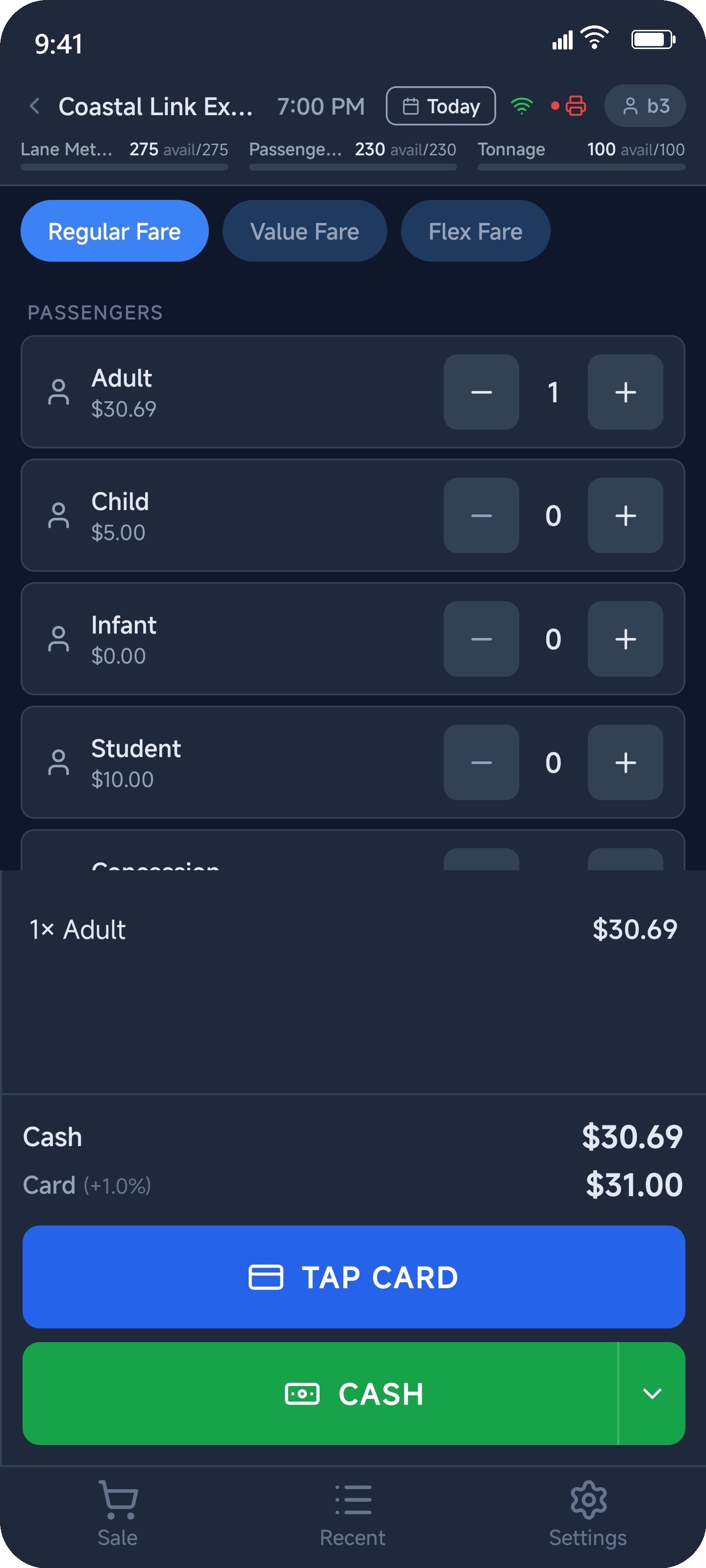 JetSetGo Mobile POS — selling a ferry ticket for Coastal Link Express with fare tiers and passenger types