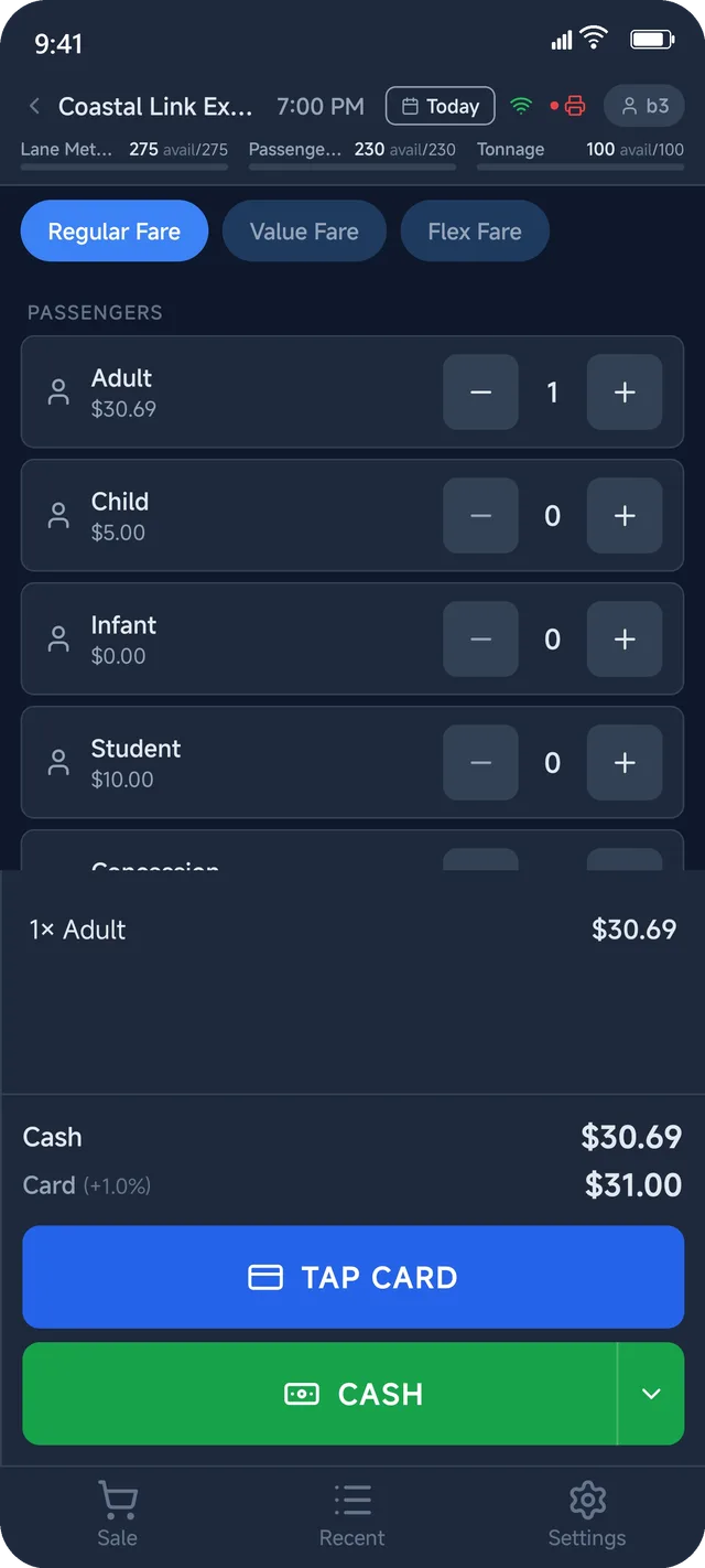 JetSetGo Mobile POS — selling a ferry ticket for Coastal Link Express with fare tiers and passenger types