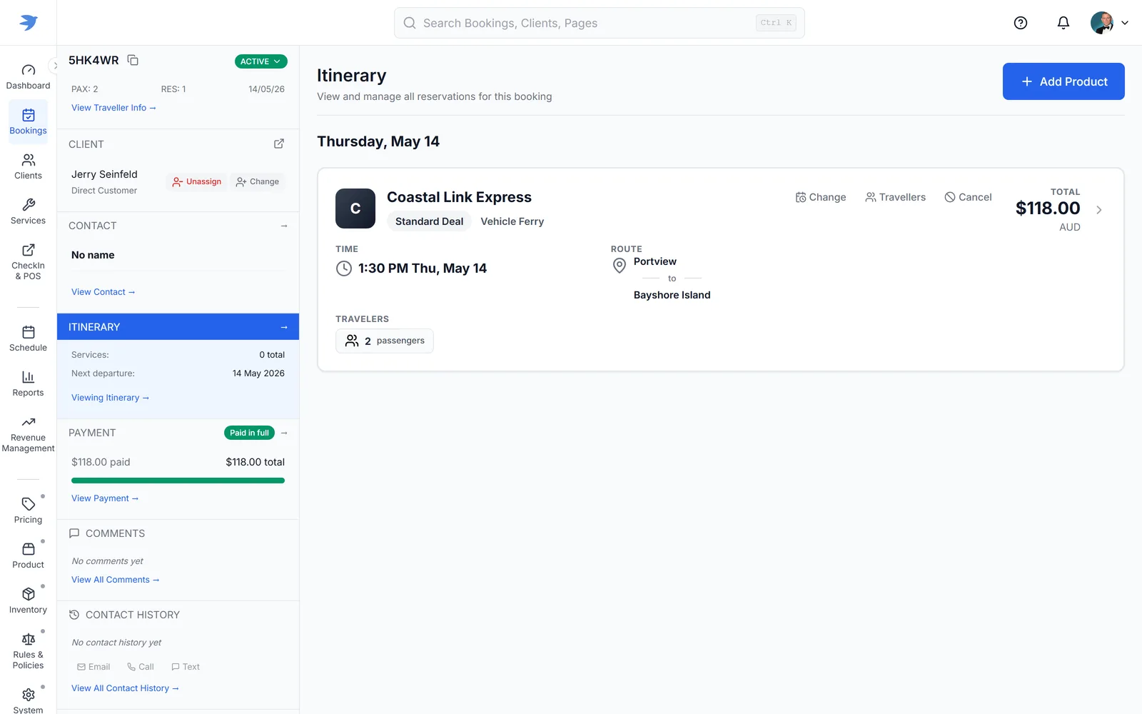 JetSetGo Sales Centre — booking itinerary for a vehicle ferry reservation with payment status and client details