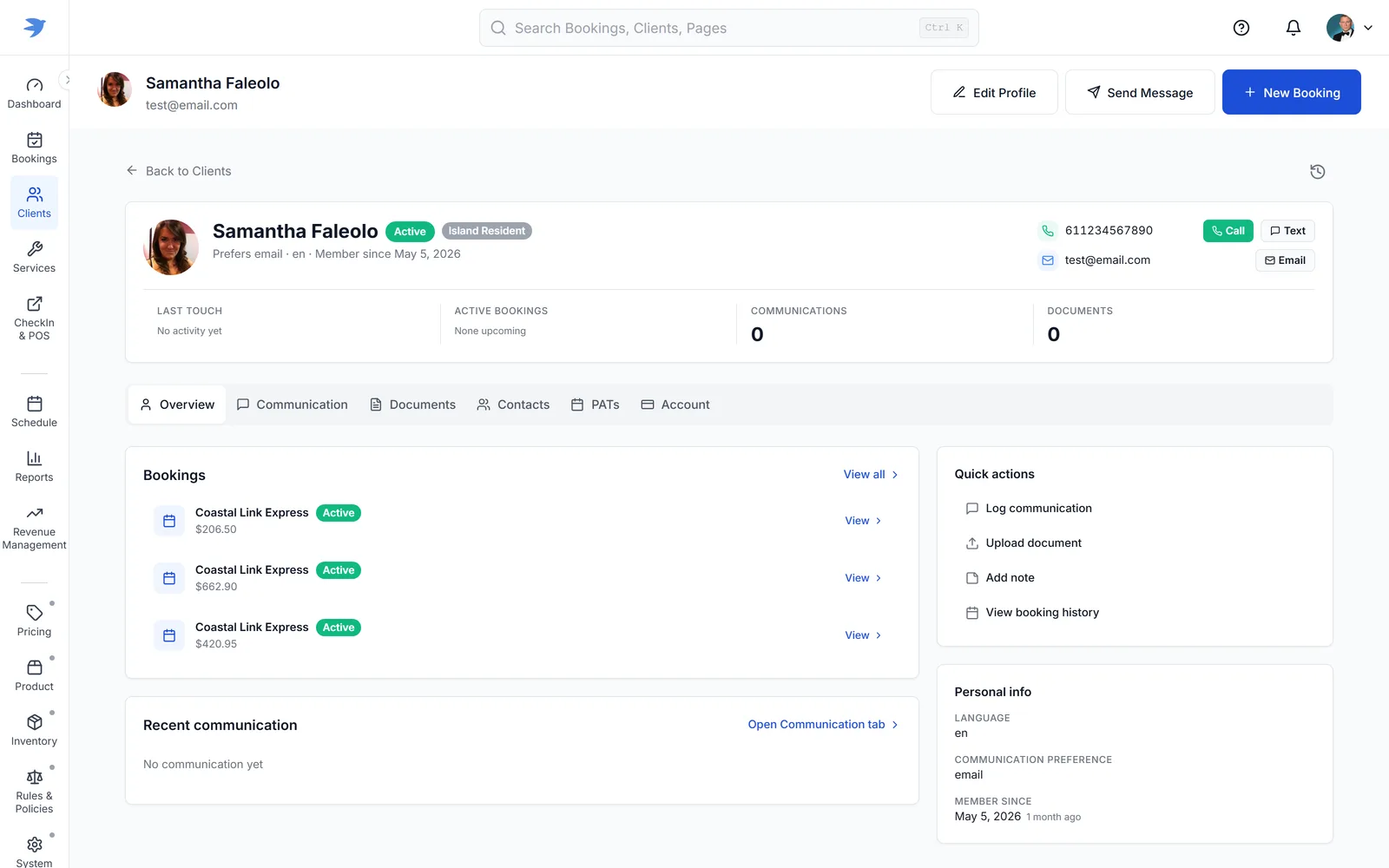 JetSetGo Sales Centre — client profile with active bookings, communications and quick actions