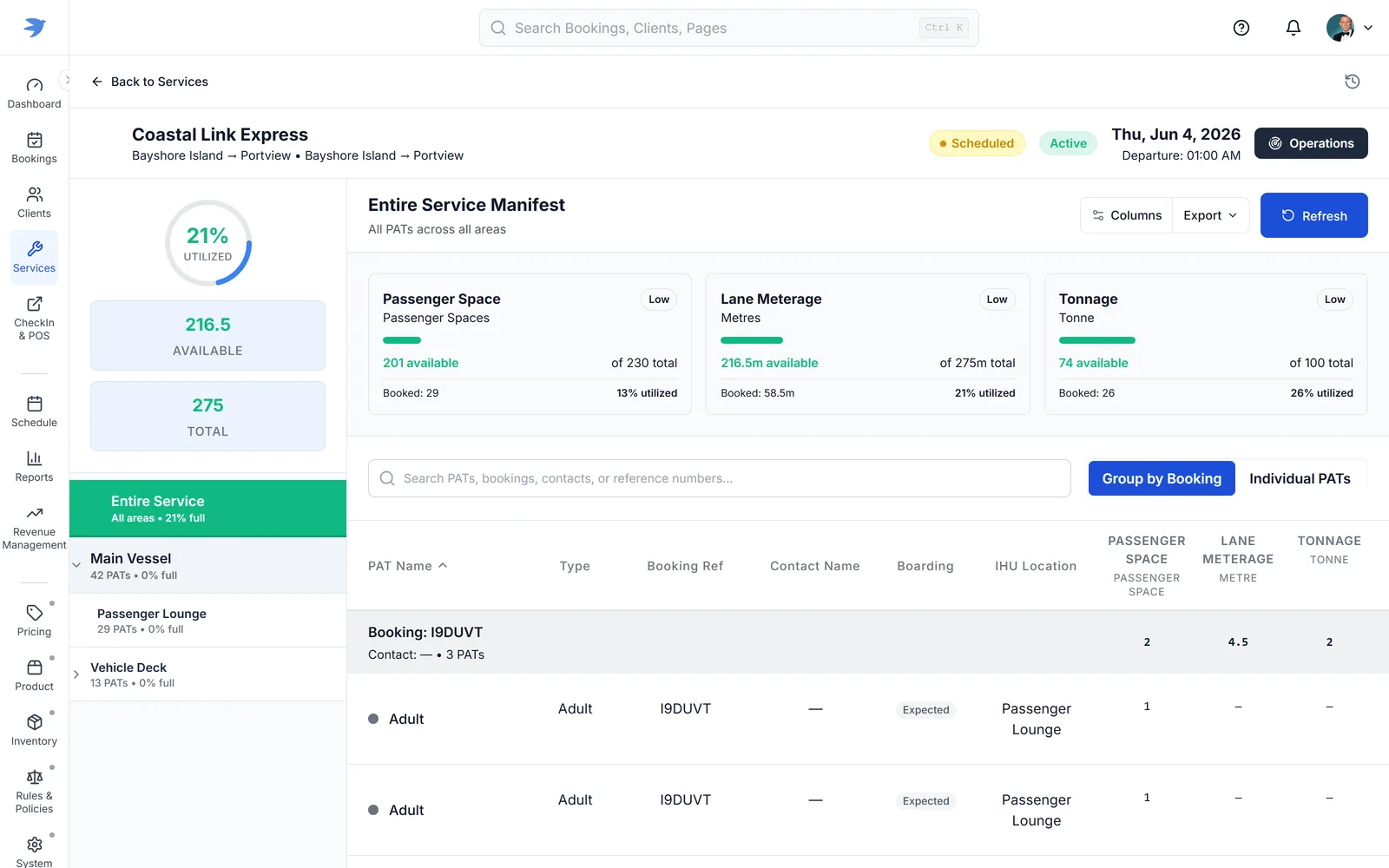 JetSetGo Sales Centre — live service manifest for Coastal Link Express showing passenger space, lane meterage and tonnage utilisation