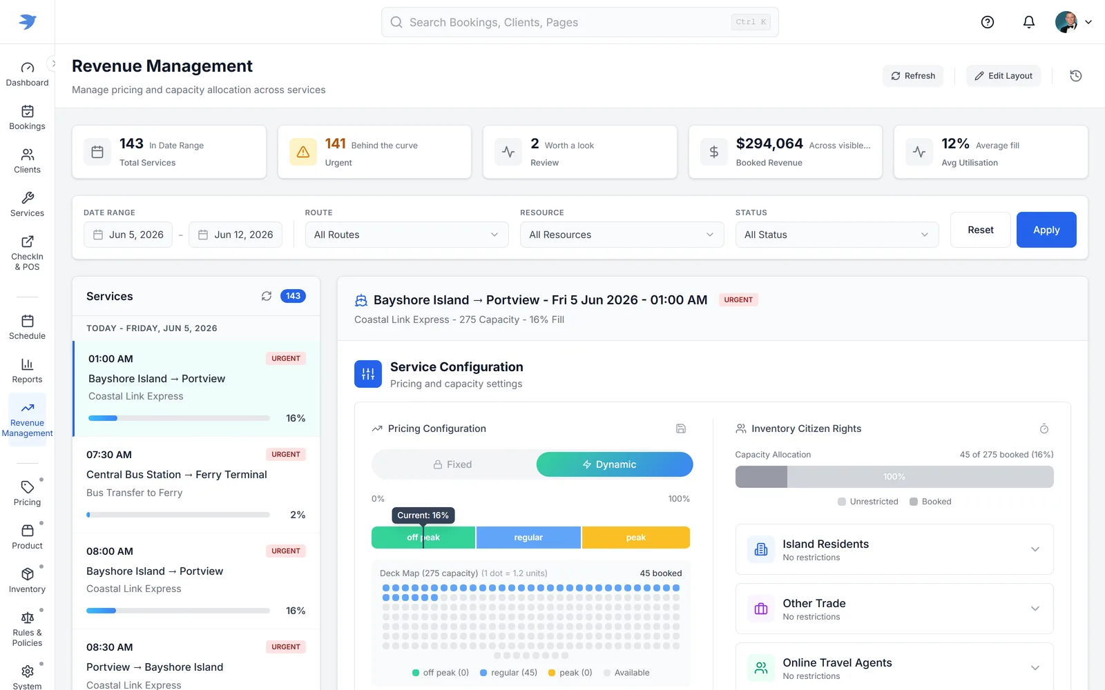 JetSetGo Sales Centre — revenue management with dynamic pricing configuration, capacity allocation and booked revenue across services