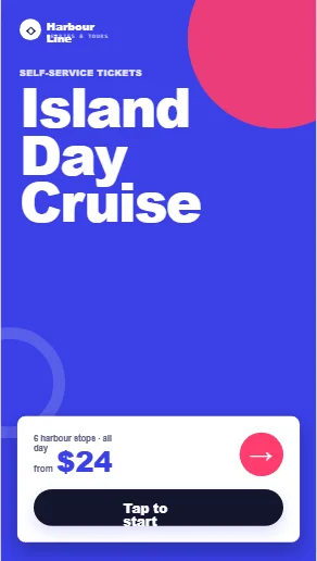 JetSetGo self-service kiosk attract screen for the Harbour Line Island Day Cruise — tap to start