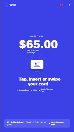 JetSetGo self-service kiosk payment screen — tap, insert or swipe card
