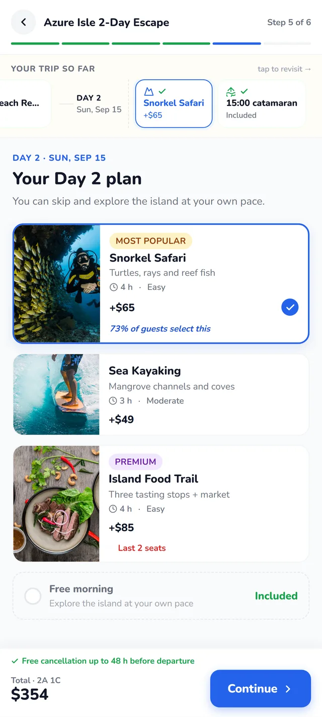 JetSetGo booking widget — planning day two with snorkel safari, sea kayaking and island food trail activities