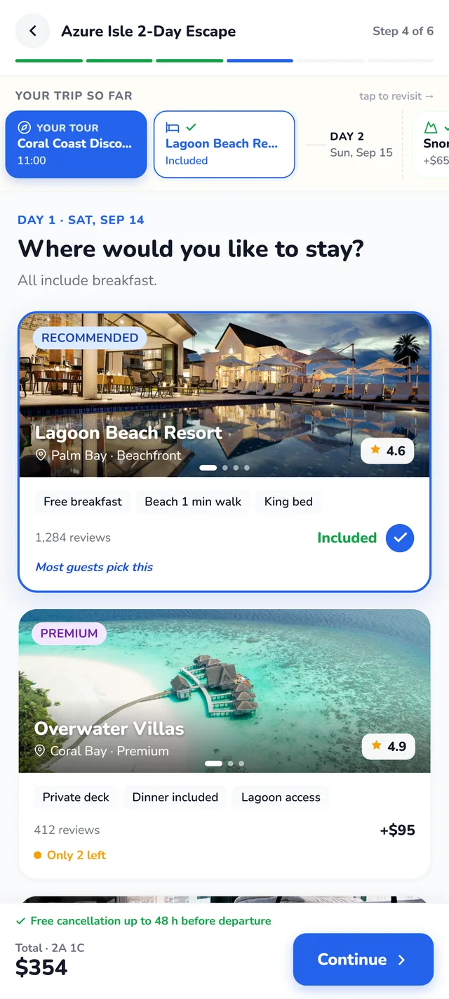 JetSetGo booking widget — selecting accommodation, included beachfront resort or premium overwater villa upgrade