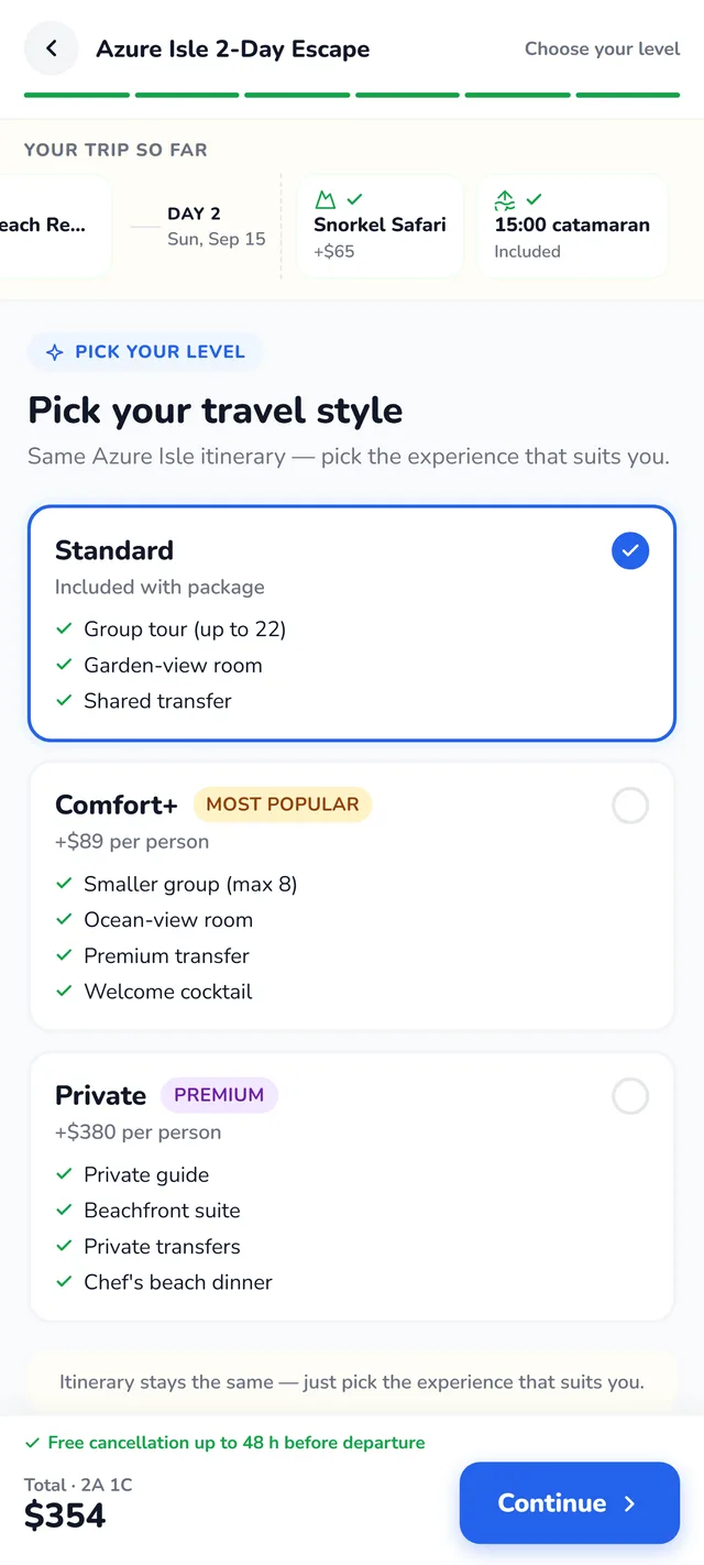 JetSetGo booking widget — choosing a travel style tier: Standard, Comfort+ or Private